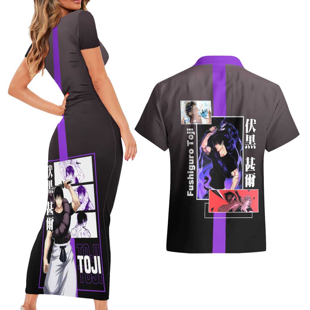 Fushiguro Toji from Jujutsu Kaisen Couples Matching Short Sleeve Bodycon Dress and Hawaiian Shirt with Purple and Black Background and Multiple Poses Design - The Mazicc