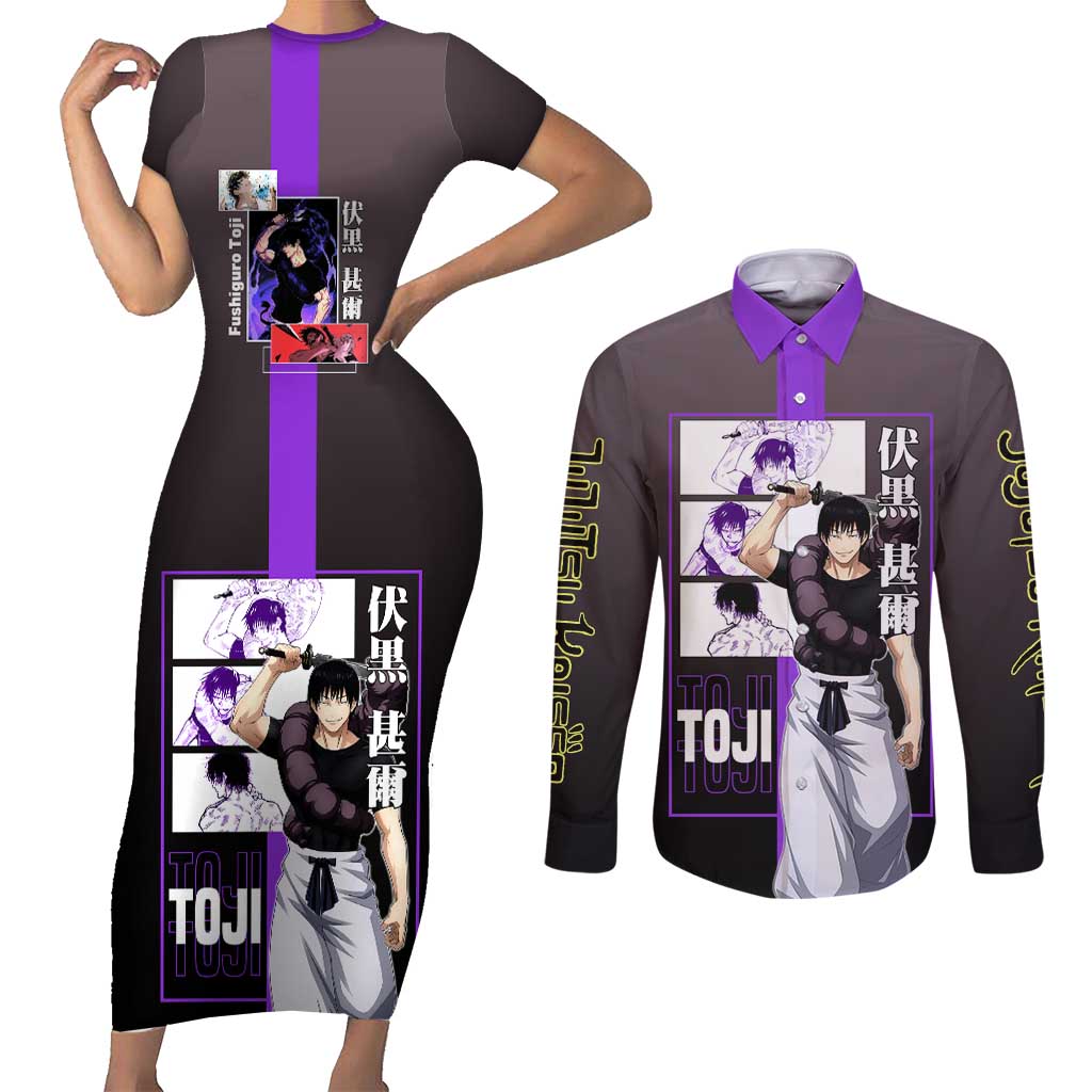 Fushiguro Toji from Jujutsu Kaisen Couples Matching Short Sleeve Bodycon Dress and Long Sleeve Button Shirt with Purple and Black Background and Multiple Poses Design - The Mazicc