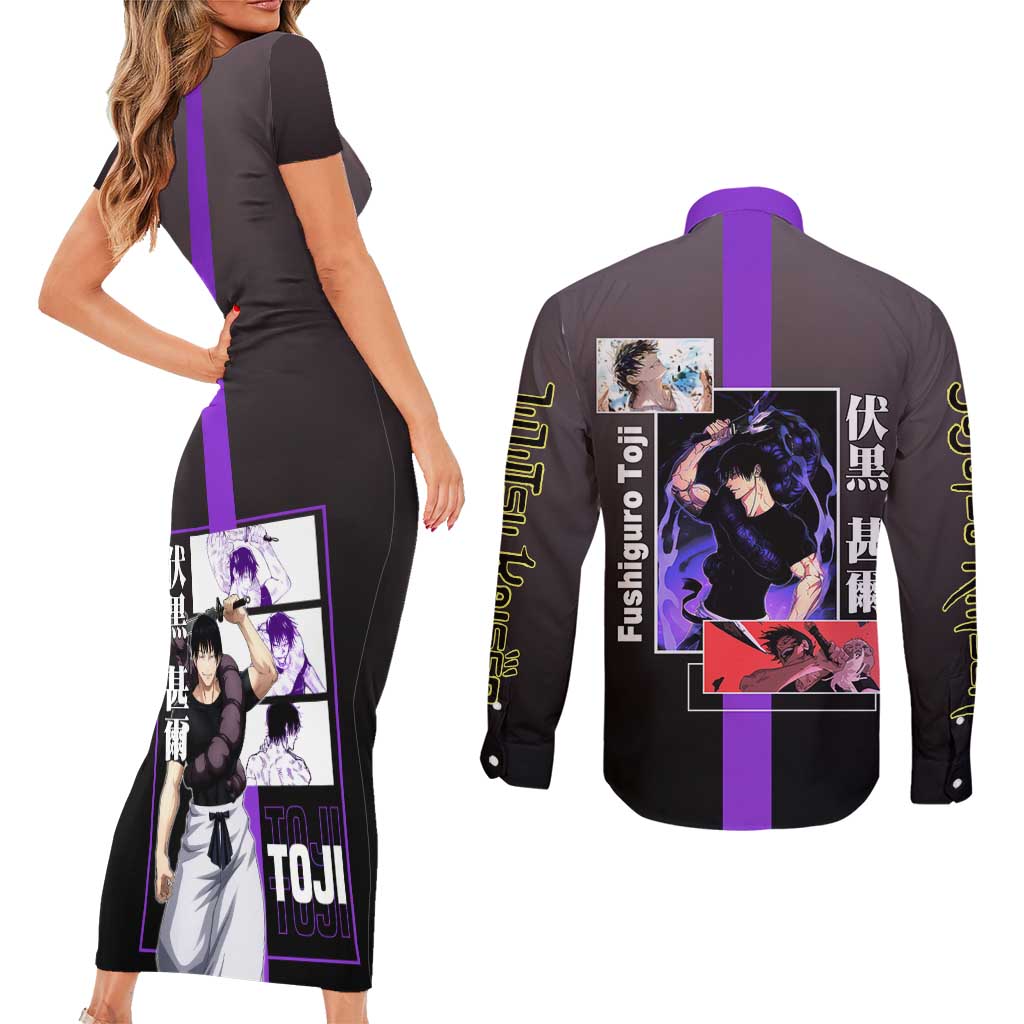 Fushiguro Toji from Jujutsu Kaisen Couples Matching Short Sleeve Bodycon Dress and Long Sleeve Button Shirt with Purple and Black Background and Multiple Poses Design - The Mazicc