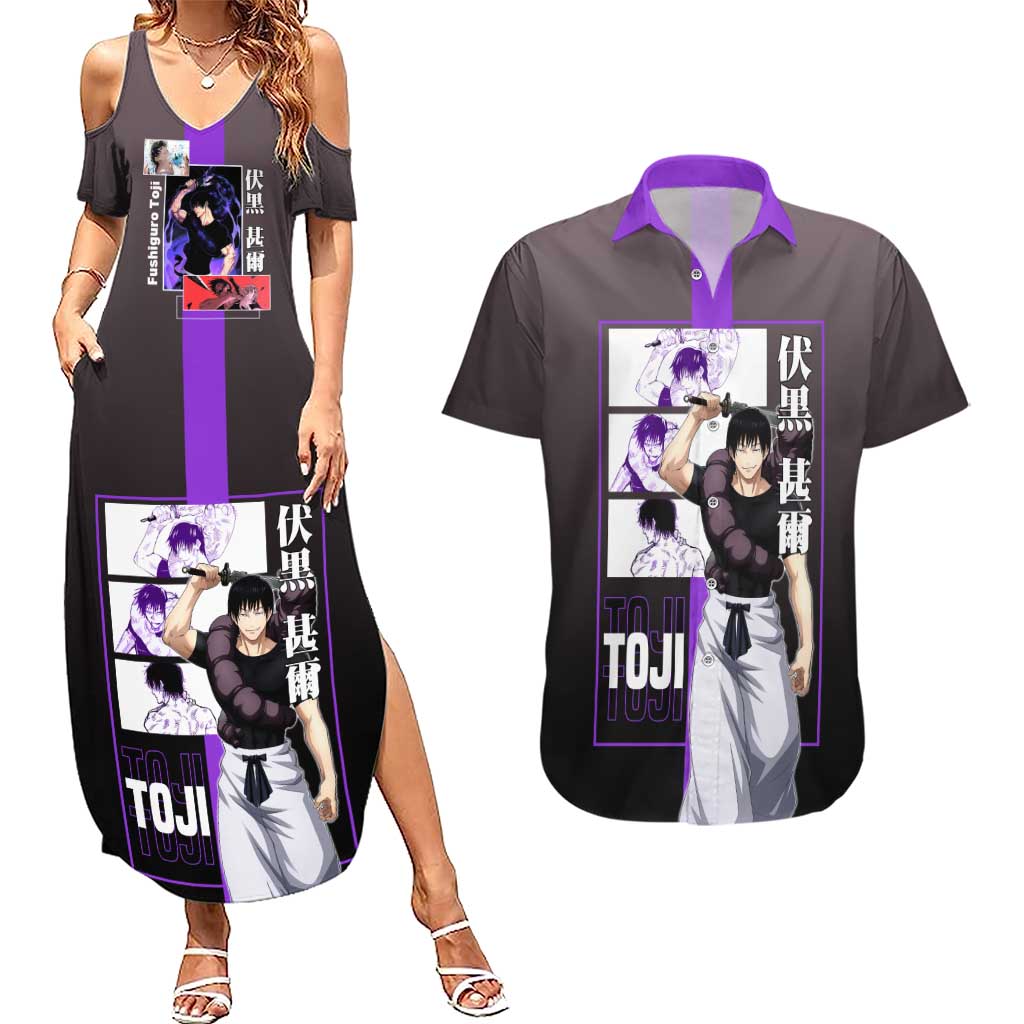 Fushiguro Toji from Jujutsu Kaisen Couples Matching Summer Maxi Dress and Hawaiian Shirt with Purple and Black Background and Multiple Poses Design - The Mazicc