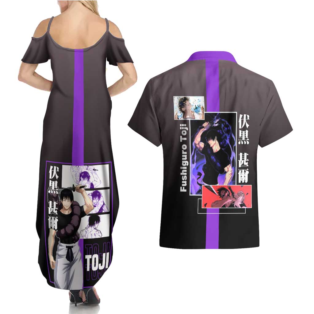 Fushiguro Toji from Jujutsu Kaisen Couples Matching Summer Maxi Dress and Hawaiian Shirt with Purple and Black Background and Multiple Poses Design - The Mazicc