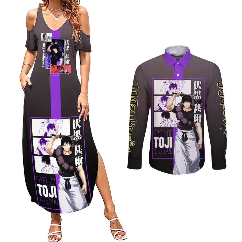 Fushiguro Toji from Jujutsu Kaisen Couples Matching Summer Maxi Dress and Long Sleeve Button Shirt with Purple and Black Background and Multiple Poses Design - The Mazicc