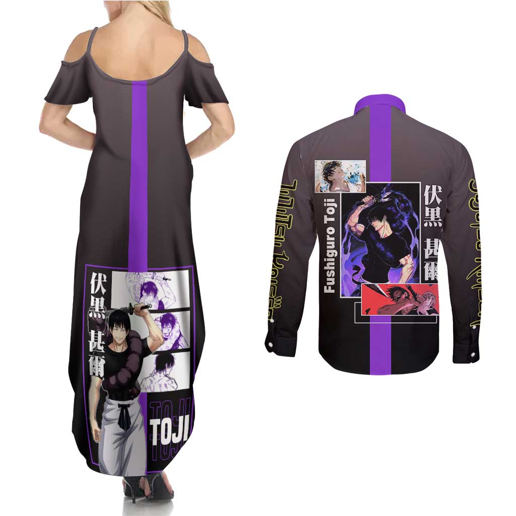 Fushiguro Toji from Jujutsu Kaisen Couples Matching Summer Maxi Dress and Long Sleeve Button Shirt with Purple and Black Background and Multiple Poses Design - The Mazicc