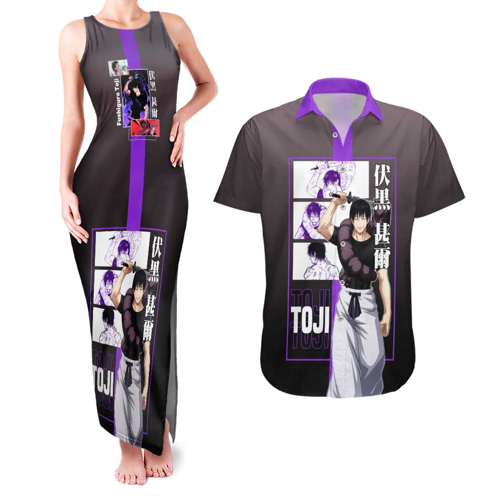 Fushiguro Toji from Jujutsu Kaisen Couples Matching Tank Maxi Dress and Hawaiian Shirt with Purple and Black Background and Multiple Poses Design - The Mazicc