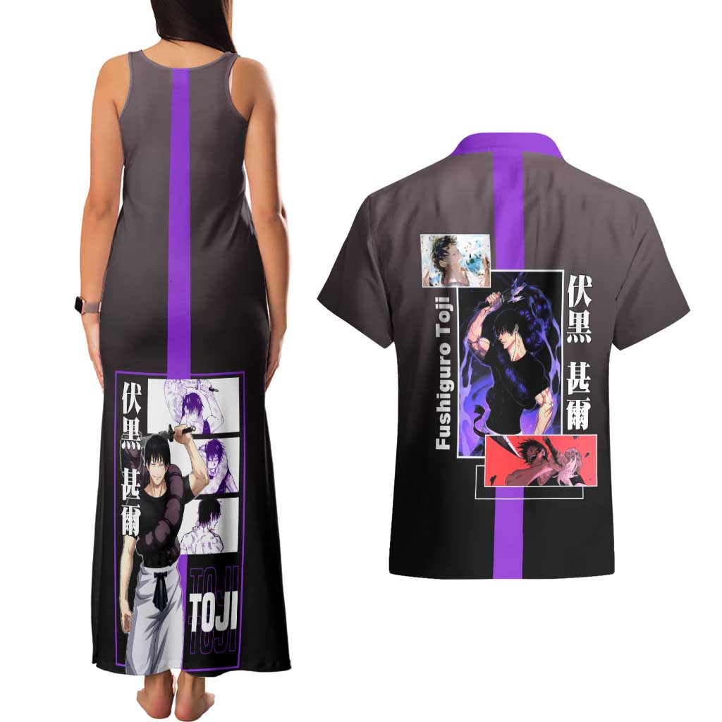 Fushiguro Toji from Jujutsu Kaisen Couples Matching Tank Maxi Dress and Hawaiian Shirt with Purple and Black Background and Multiple Poses Design - The Mazicc