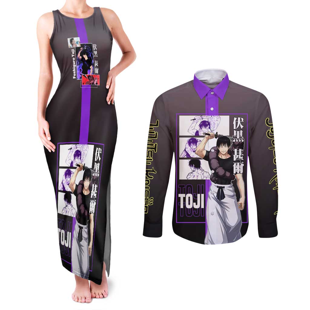 Fushiguro Toji from Jujutsu Kaisen Couples Matching Tank Maxi Dress and Long Sleeve Button Shirt with Purple and Black Background and Multiple Poses Design - The Mazicc