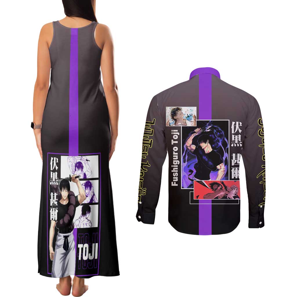 Fushiguro Toji from Jujutsu Kaisen Couples Matching Tank Maxi Dress and Long Sleeve Button Shirt with Purple and Black Background and Multiple Poses Design - The Mazicc