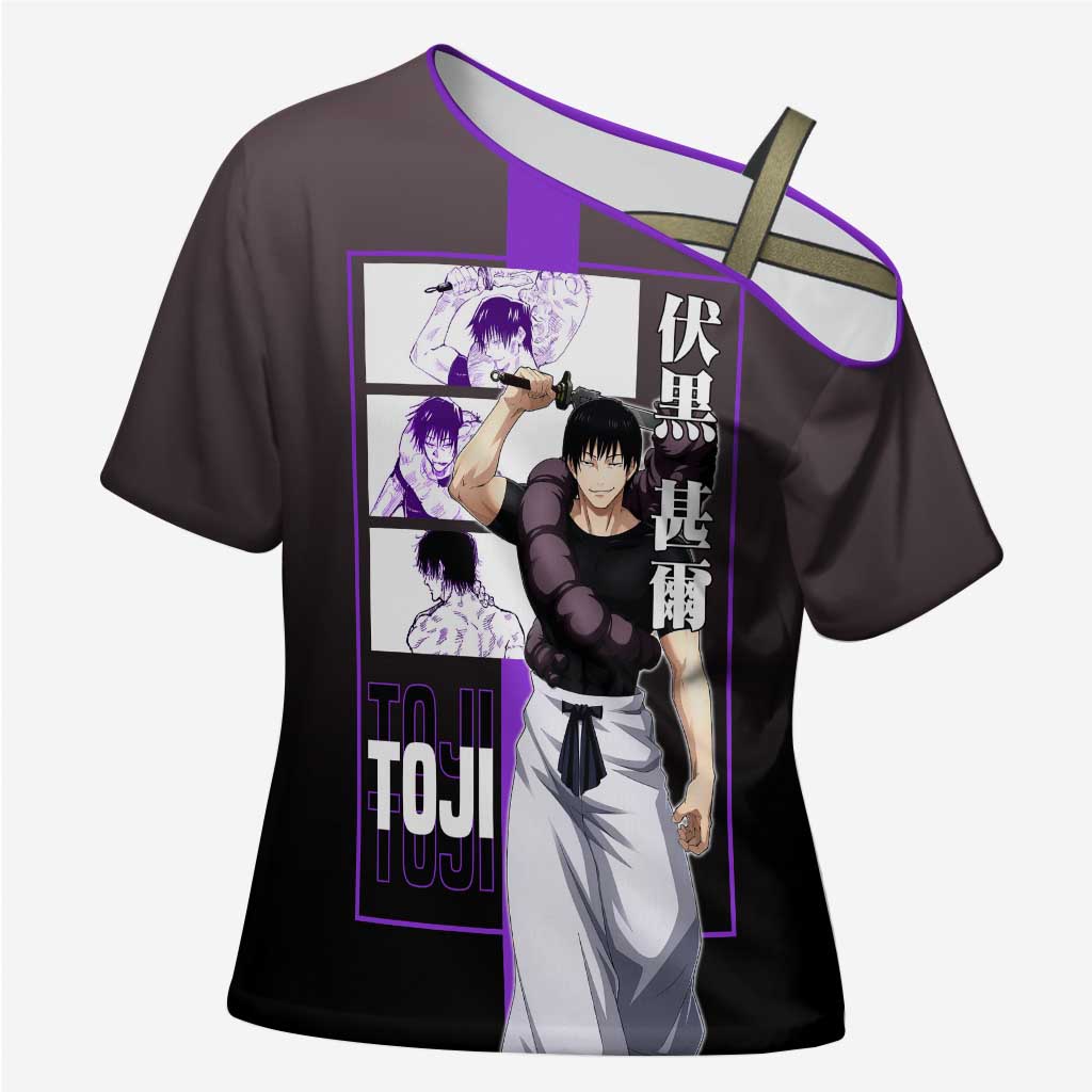 Fushiguro Toji from Jujutsu Kaisen Cross Shoulder Shirt with Purple and Black Background and Multiple Poses Design - The Mazicc
