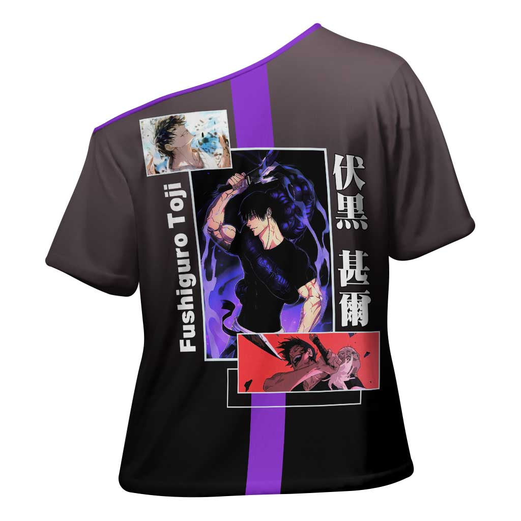 Fushiguro Toji from Jujutsu Kaisen Cross Shoulder Shirt with Purple and Black Background and Multiple Poses Design - The Mazicc