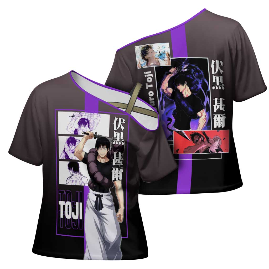 Fushiguro Toji from Jujutsu Kaisen Cross Shoulder Shirt with Purple and Black Background and Multiple Poses Design - The Mazicc