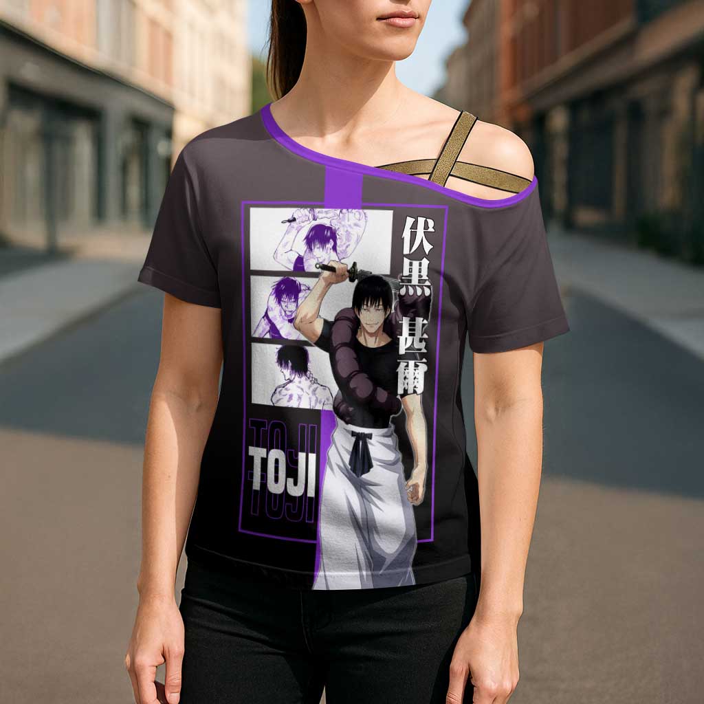Fushiguro Toji from Jujutsu Kaisen Cross Shoulder Shirt with Purple and Black Background and Multiple Poses Design - The Mazicc