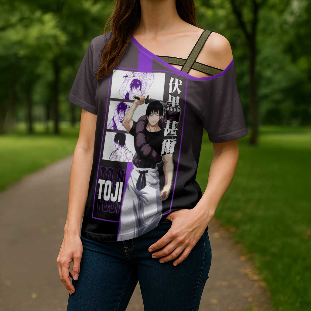 Fushiguro Toji from Jujutsu Kaisen Cross Shoulder Shirt with Purple and Black Background and Multiple Poses Design - The Mazicc