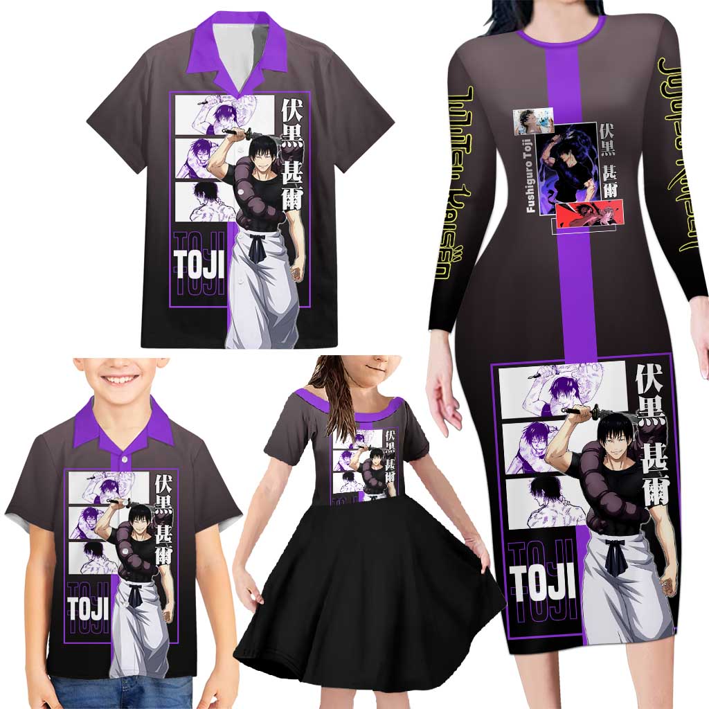Fushiguro Toji from Jujutsu Kaisen Family Matching Long Sleeve Bodycon Dress and Hawaiian Shirt with Purple and Black Background and Multiple Poses Design - The Mazicc