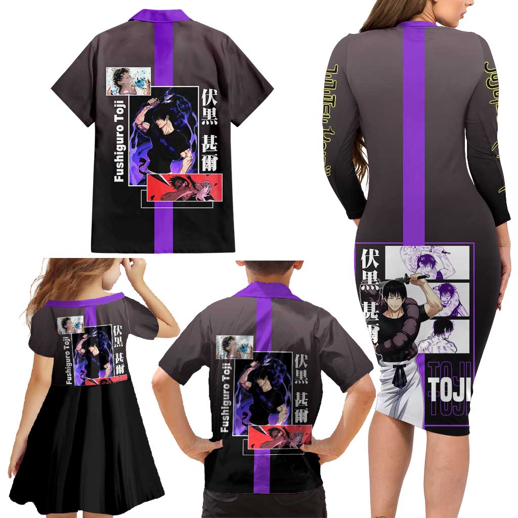 Fushiguro Toji from Jujutsu Kaisen Family Matching Long Sleeve Bodycon Dress and Hawaiian Shirt with Purple and Black Background and Multiple Poses Design - The Mazicc