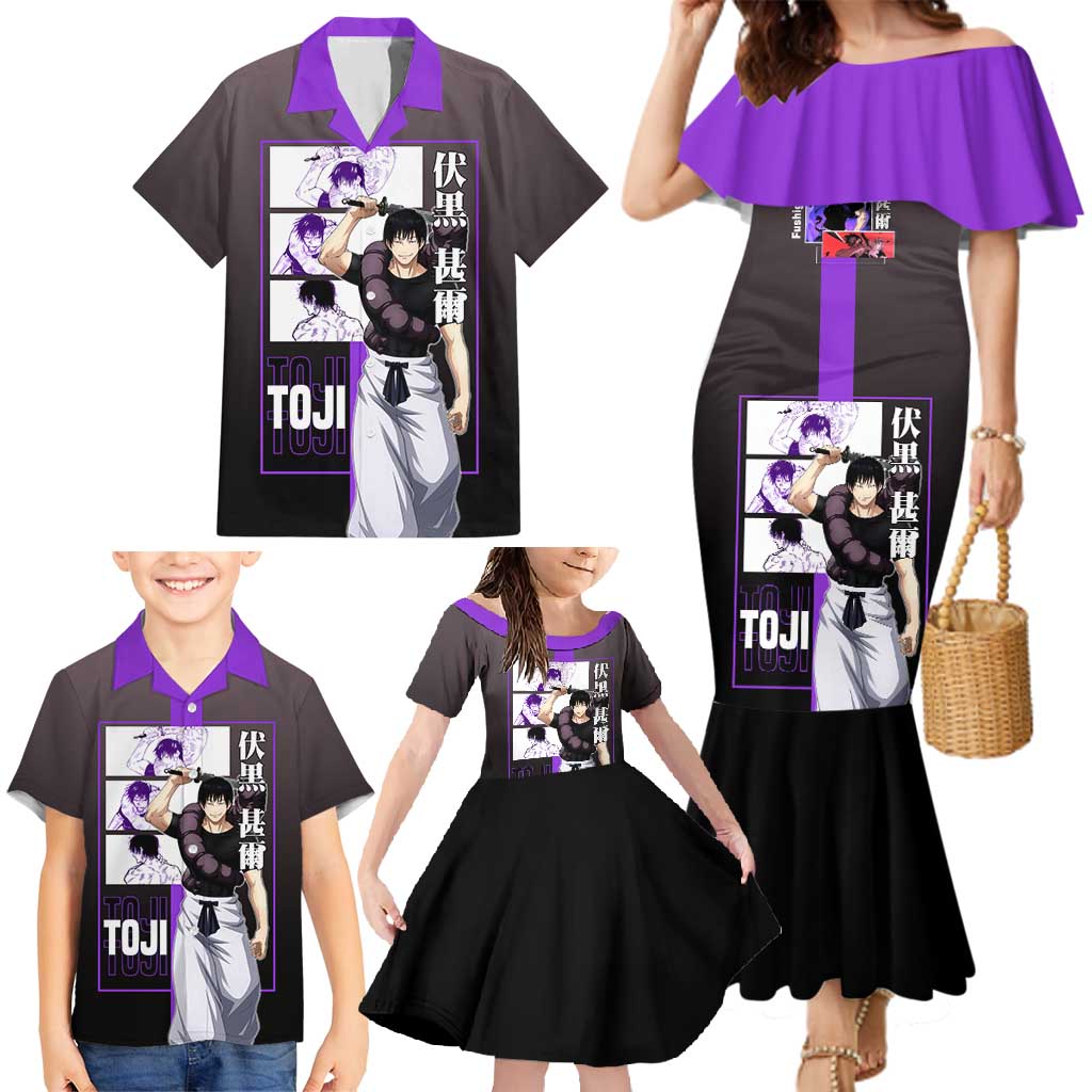 Fushiguro Toji from Jujutsu Kaisen Family Matching Mermaid Dress and Hawaiian Shirt with Purple and Black Background and Multiple Poses Design - The Mazicc