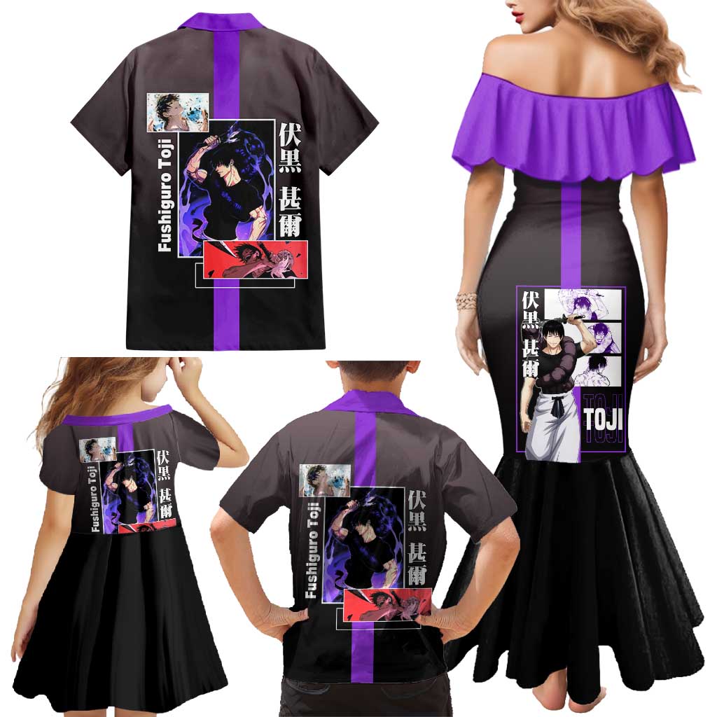 Fushiguro Toji from Jujutsu Kaisen Family Matching Mermaid Dress and Hawaiian Shirt with Purple and Black Background and Multiple Poses Design - The Mazicc