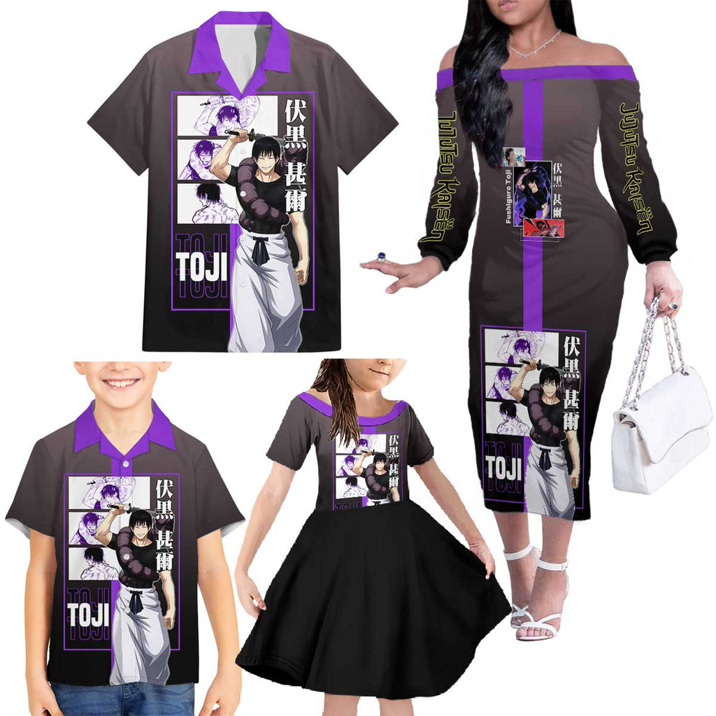 Fushiguro Toji from Jujutsu Kaisen Family Matching Off The Shoulder Long Sleeve Dress and Hawaiian Shirt with Purple and Black Background and Multiple Poses Design - The Mazicc