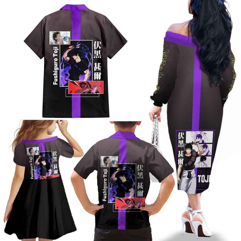 Fushiguro Toji from Jujutsu Kaisen Family Matching Off The Shoulder Long Sleeve Dress and Hawaiian Shirt with Purple and Black Background and Multiple Poses Design - The Mazicc