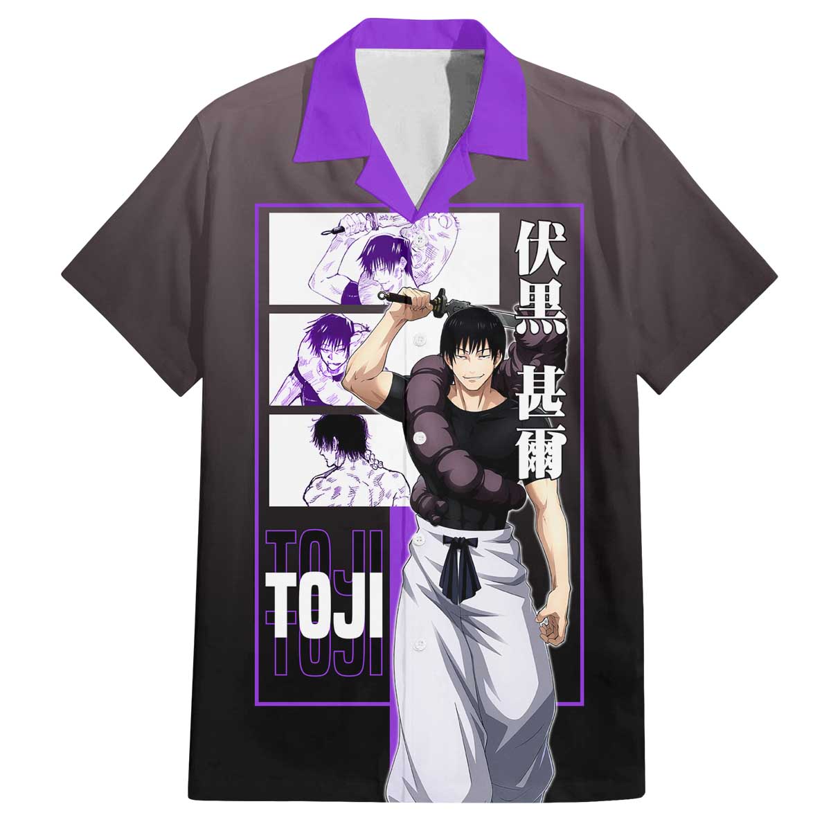 Fushiguro Toji from Jujutsu Kaisen Family Matching Off The Shoulder Long Sleeve Dress and Hawaiian Shirt with Purple and Black Background and Multiple Poses Design - The Mazicc