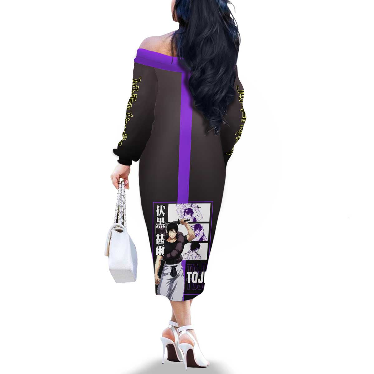 Fushiguro Toji from Jujutsu Kaisen Family Matching Off The Shoulder Long Sleeve Dress and Hawaiian Shirt with Purple and Black Background and Multiple Poses Design - The Mazicc