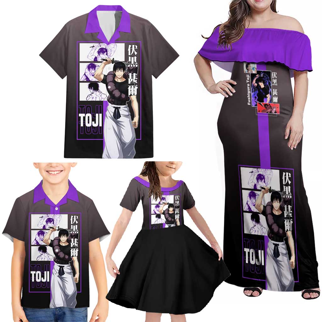 Fushiguro Toji from Jujutsu Kaisen Family Matching Off Shoulder Maxi Dress and Hawaiian Shirt with Purple and Black Background and Multiple Poses Design - The Mazicc