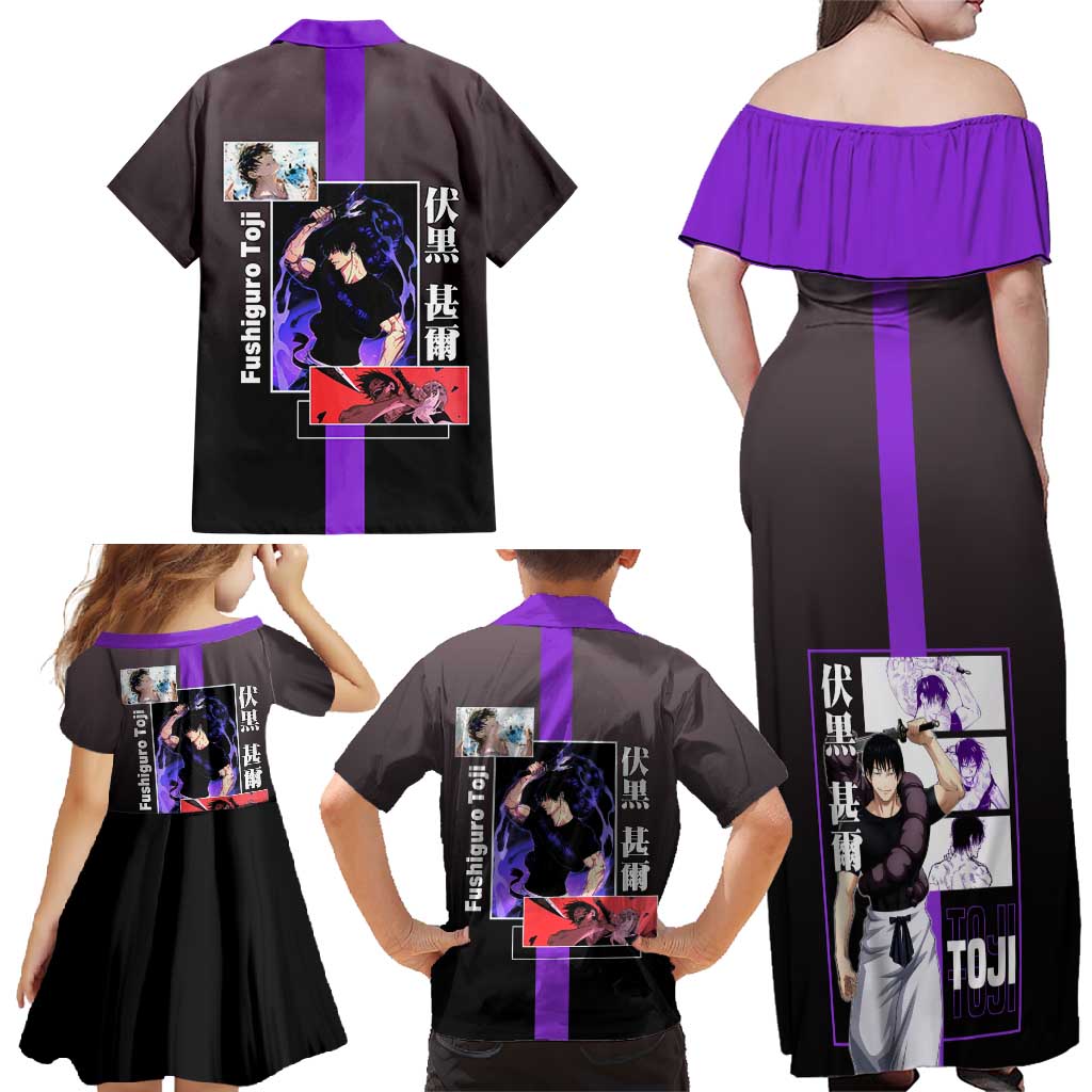 Fushiguro Toji from Jujutsu Kaisen Family Matching Off Shoulder Maxi Dress and Hawaiian Shirt with Purple and Black Background and Multiple Poses Design - The Mazicc