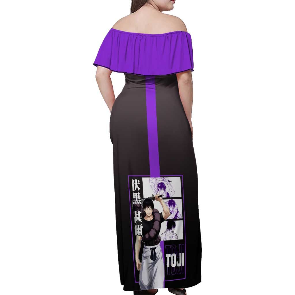 Fushiguro Toji from Jujutsu Kaisen Family Matching Off Shoulder Maxi Dress and Hawaiian Shirt with Purple and Black Background and Multiple Poses Design - The Mazicc
