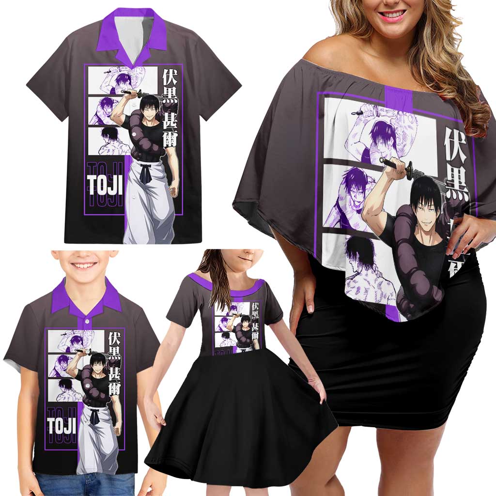 Fushiguro Toji from Jujutsu Kaisen Family Matching Off Shoulder Short Dress and Hawaiian Shirt with Purple and Black Background and Multiple Poses Design - The Mazicc