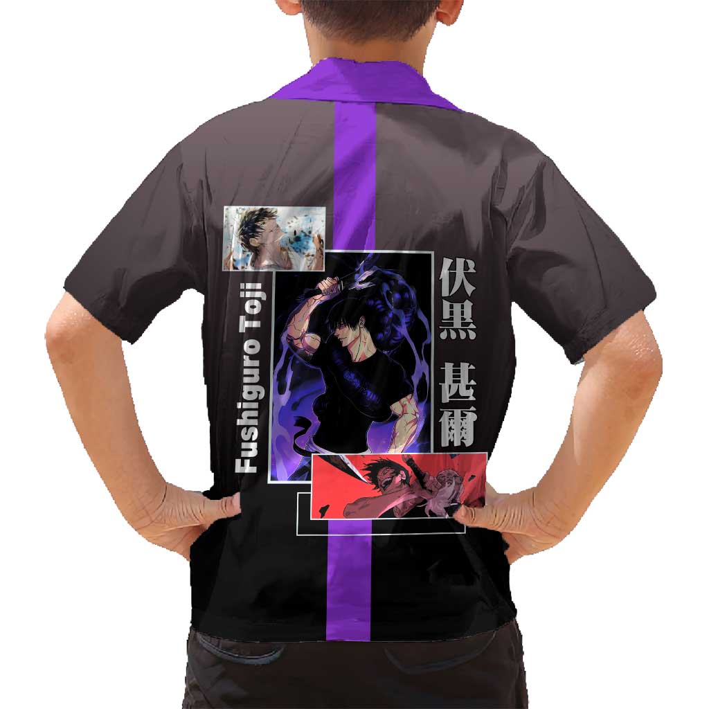 Fushiguro Toji from Jujutsu Kaisen Family Matching Off Shoulder Short Dress and Hawaiian Shirt with Purple and Black Background and Multiple Poses Design - The Mazicc