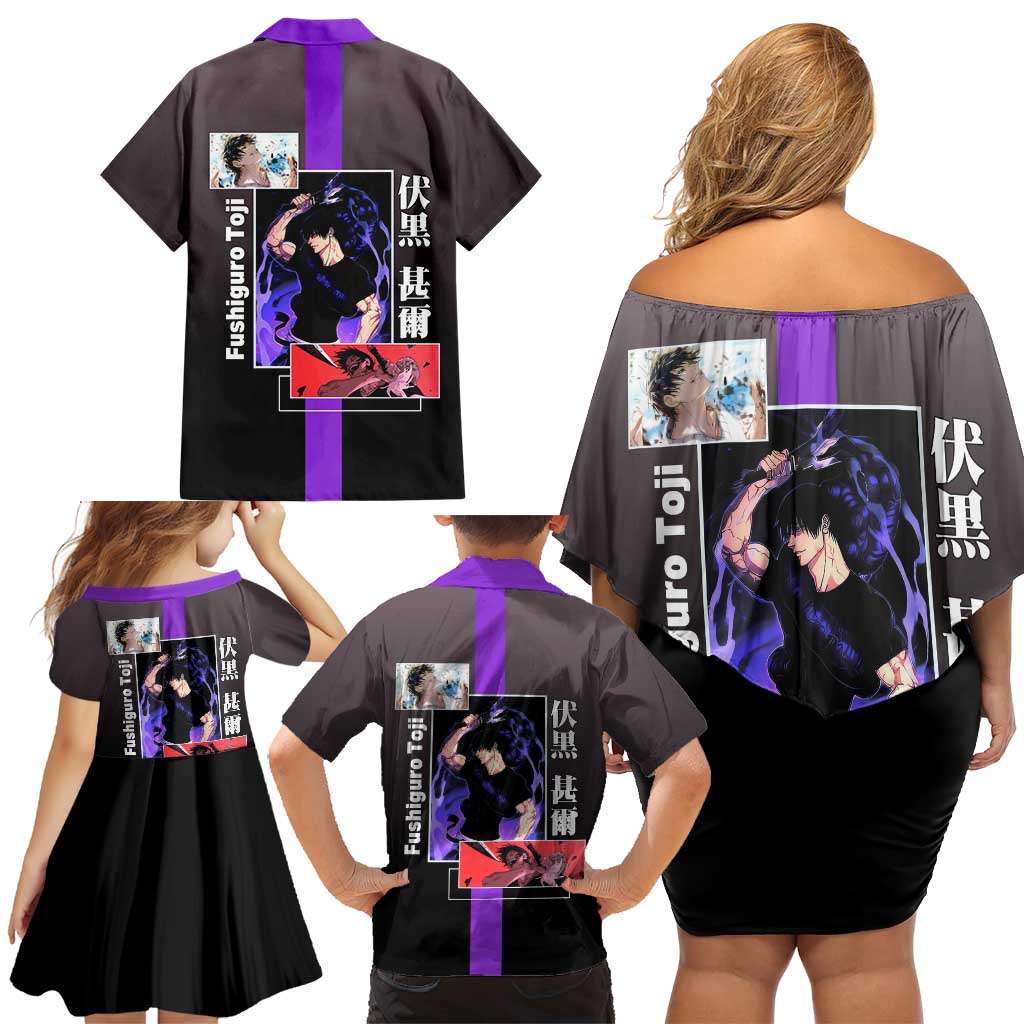 Fushiguro Toji from Jujutsu Kaisen Family Matching Off Shoulder Short Dress and Hawaiian Shirt with Purple and Black Background and Multiple Poses Design - The Mazicc