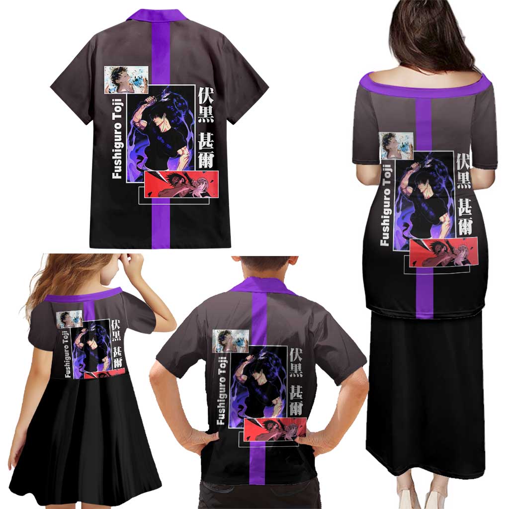 Fushiguro Toji from Jujutsu Kaisen Family Matching Puletasi and Hawaiian Shirt with Purple and Black Background and Multiple Poses Design - The Mazicc