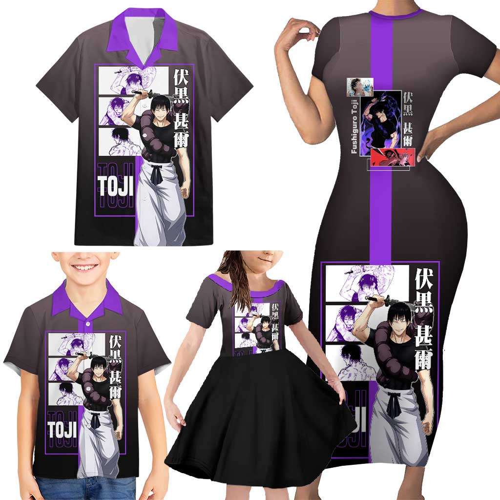 Fushiguro Toji from Jujutsu Kaisen Family Matching Short Sleeve Bodycon Dress and Hawaiian Shirt with Purple and Black Background and Multiple Poses Design - The Mazicc