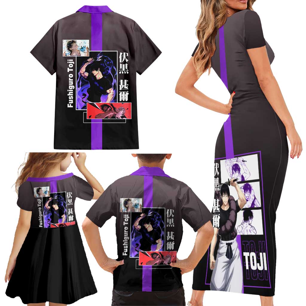 Fushiguro Toji from Jujutsu Kaisen Family Matching Short Sleeve Bodycon Dress and Hawaiian Shirt with Purple and Black Background and Multiple Poses Design - The Mazicc