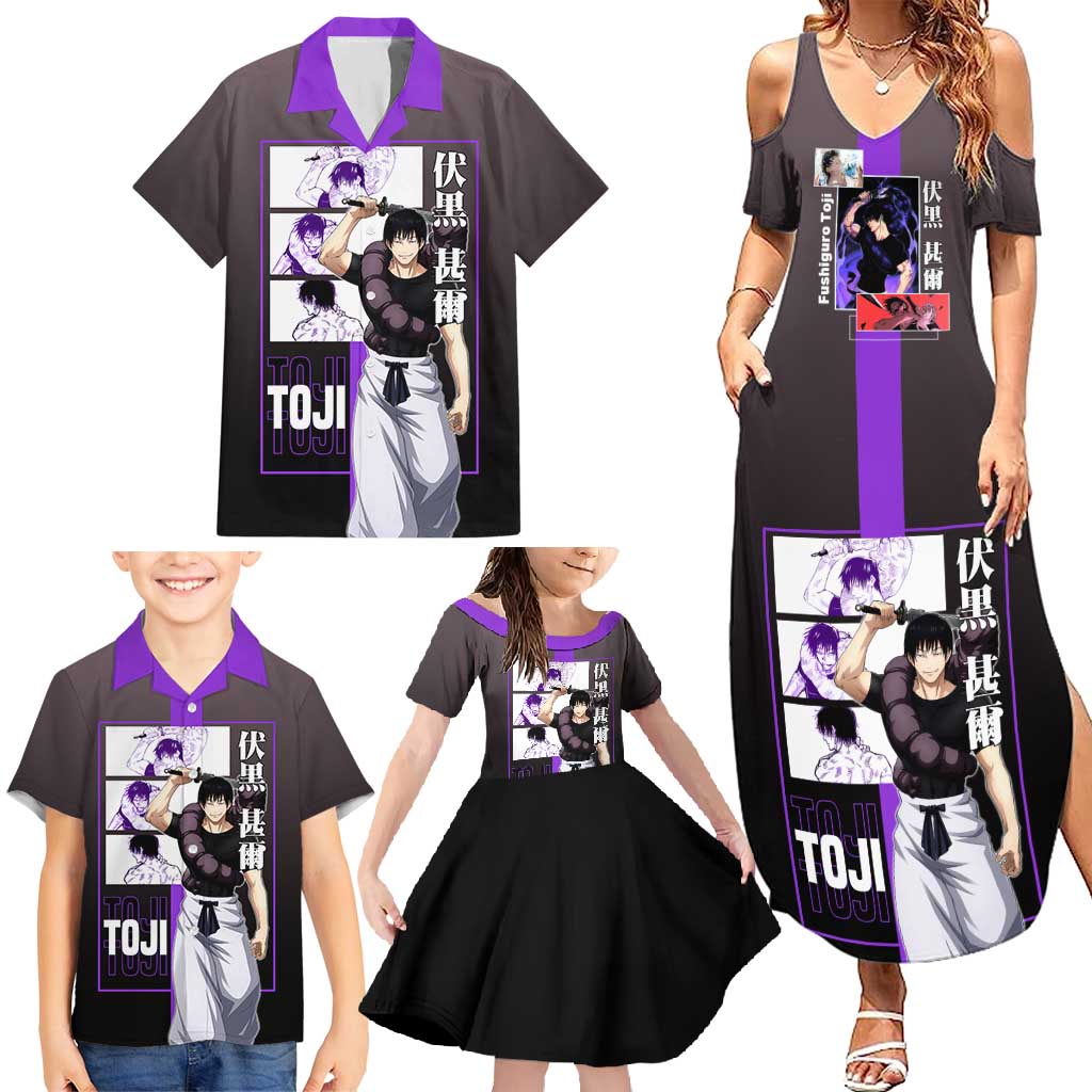 Fushiguro Toji from Jujutsu Kaisen Family Matching Summer Maxi Dress and Hawaiian Shirt with Purple and Black Background and Multiple Poses Design - The Mazicc