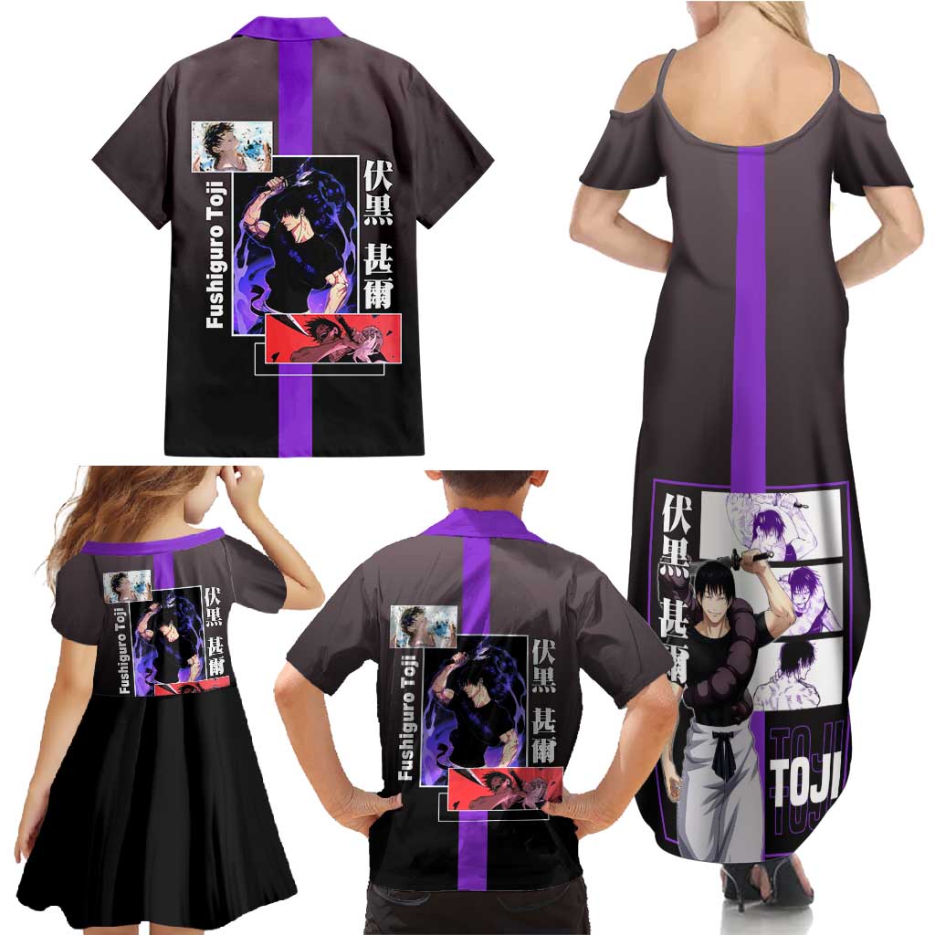 Fushiguro Toji from Jujutsu Kaisen Family Matching Summer Maxi Dress and Hawaiian Shirt with Purple and Black Background and Multiple Poses Design - The Mazicc