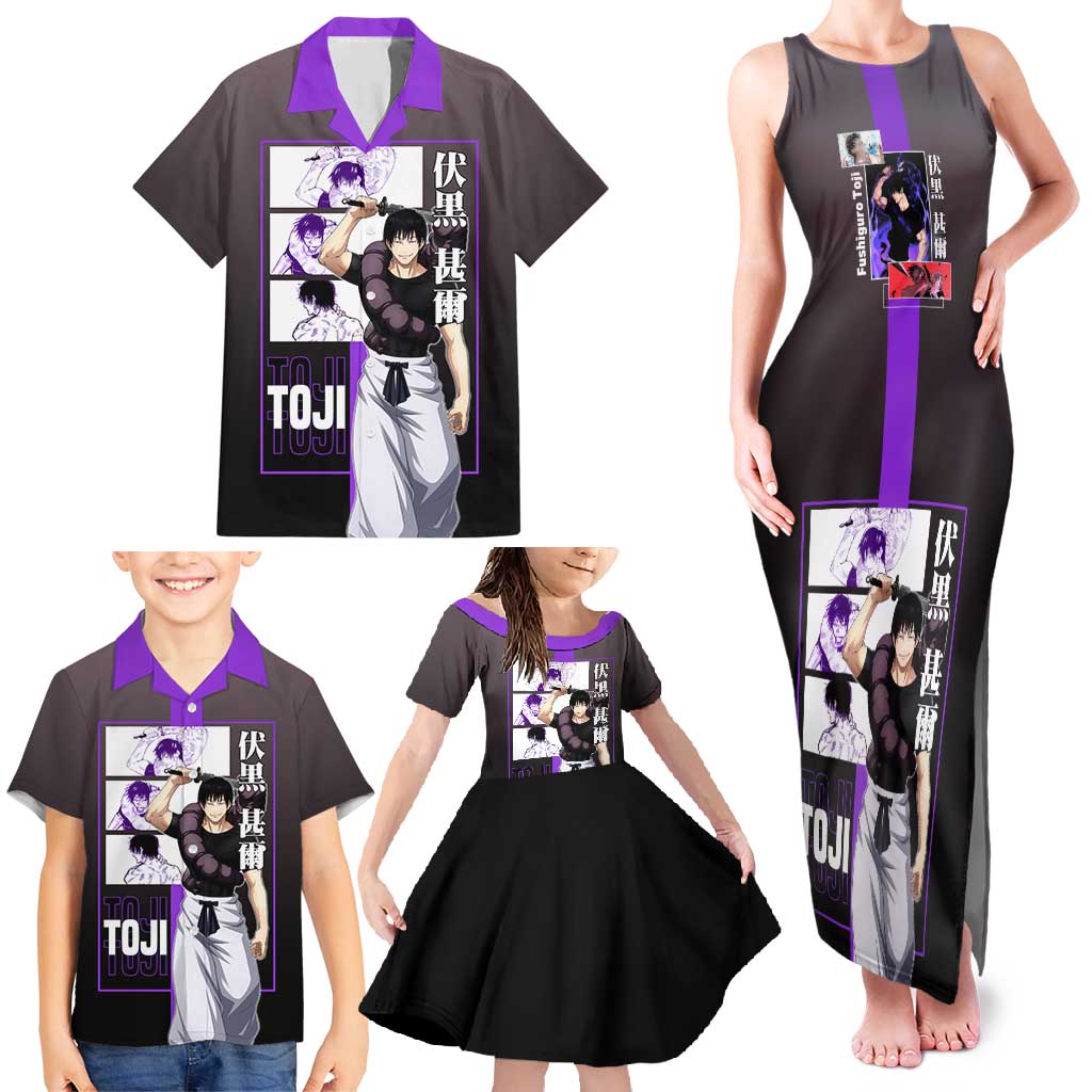 Fushiguro Toji from Jujutsu Kaisen Family Matching Tank Maxi Dress and Hawaiian Shirt with Purple and Black Background and Multiple Poses Design - The Mazicc