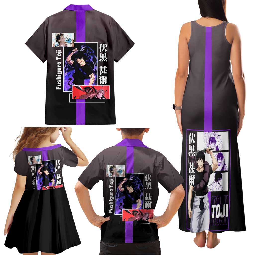 Fushiguro Toji from Jujutsu Kaisen Family Matching Tank Maxi Dress and Hawaiian Shirt with Purple and Black Background and Multiple Poses Design - The Mazicc