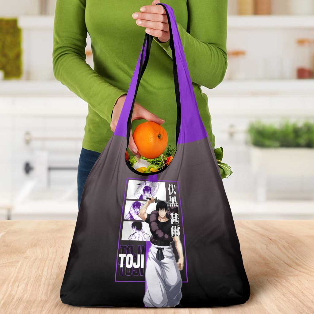 Fushiguro Toji from Jujutsu Kaisen Grocery Bag with Purple and Black Background and Multiple Poses Design - The Mazicc