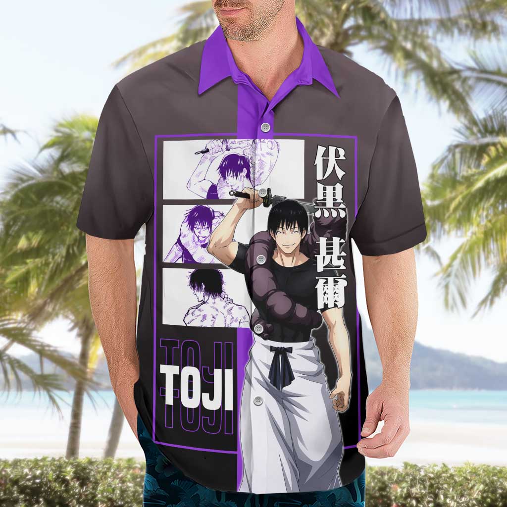 Fushiguro Toji from Jujutsu Kaisen Hawaiian Shirt with Purple and Black Background and Multiple Poses Design - The Mazicc