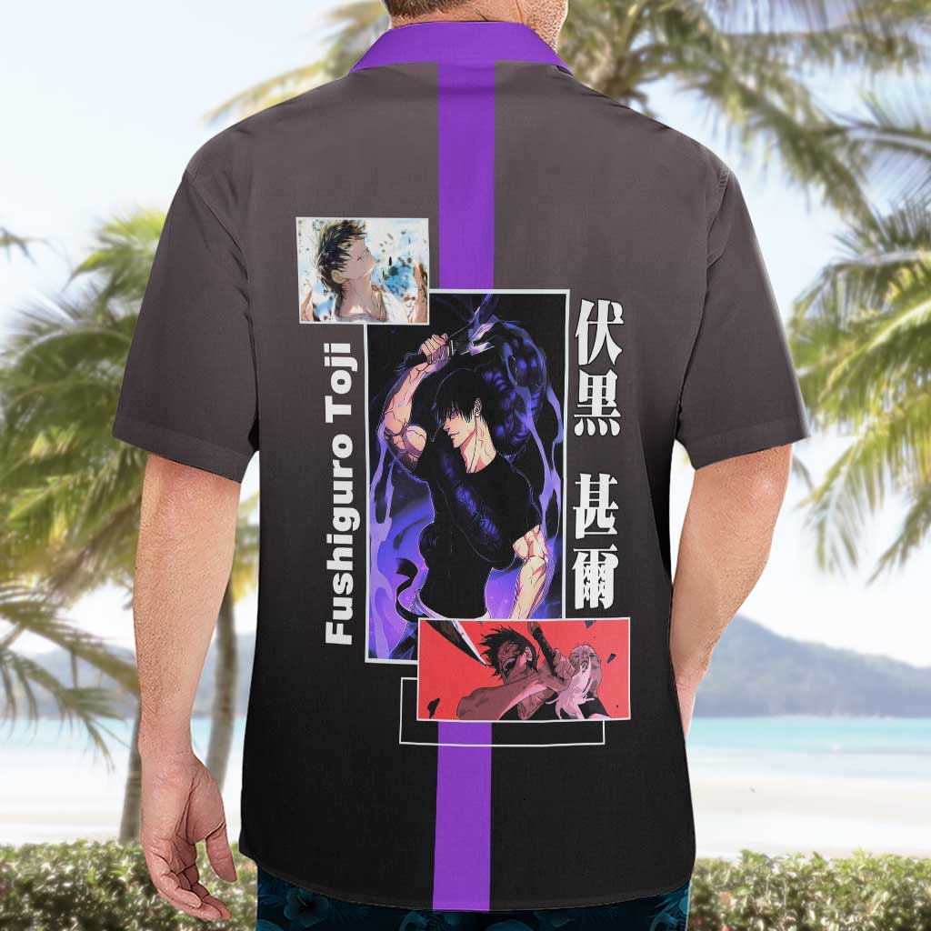 Fushiguro Toji from Jujutsu Kaisen Hawaiian Shirt with Purple and Black Background and Multiple Poses Design - The Mazicc