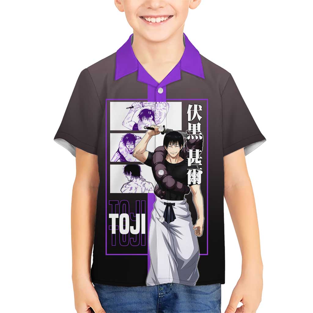 Fushiguro Toji from Jujutsu Kaisen Hawaiian Shirt with Purple and Black Background and Multiple Poses Design - The Mazicc