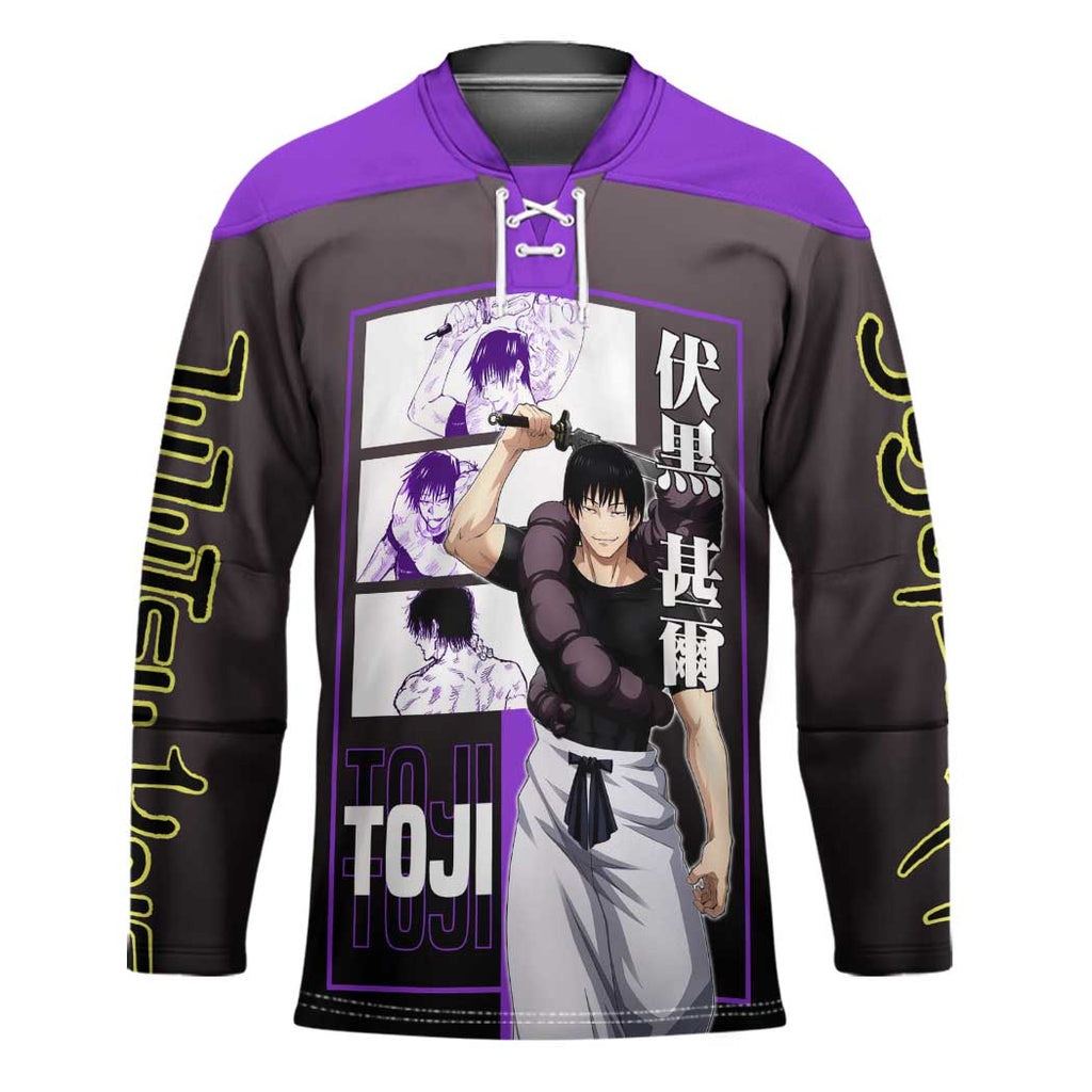 Fushiguro Toji from Jujutsu Kaisen Hockey Jersey with Purple and Black Background and Multiple Poses Design - The Mazicc