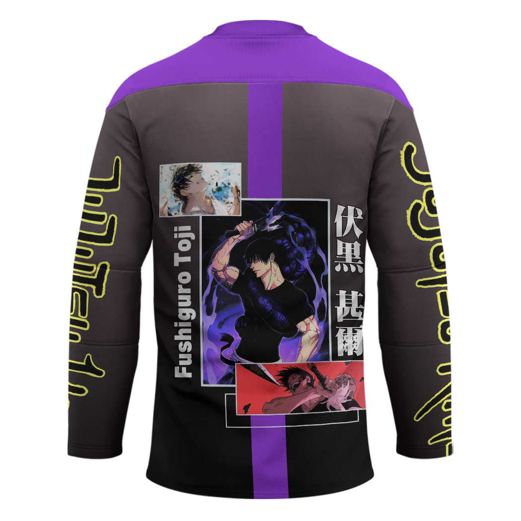Fushiguro Toji from Jujutsu Kaisen Hockey Jersey with Purple and Black Background and Multiple Poses Design - The Mazicc