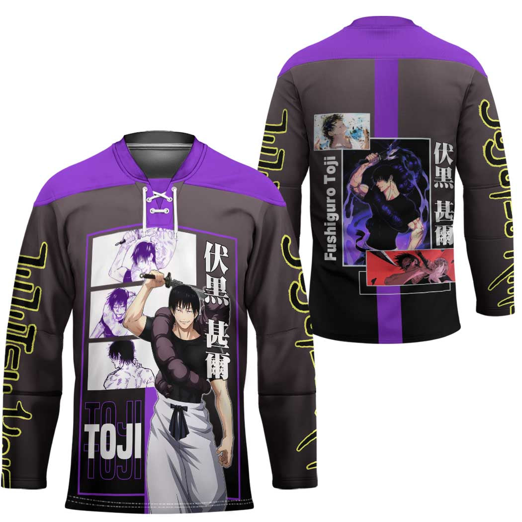 Fushiguro Toji from Jujutsu Kaisen Hockey Jersey with Purple and Black Background and Multiple Poses Design - The Mazicc