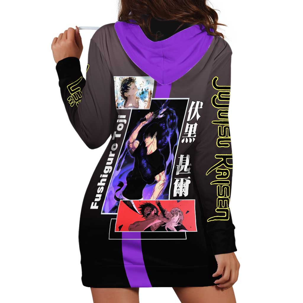 Fushiguro Toji from Jujutsu Kaisen Hoodie Dress with Purple and Black Background and Multiple Poses Design - The Mazicc