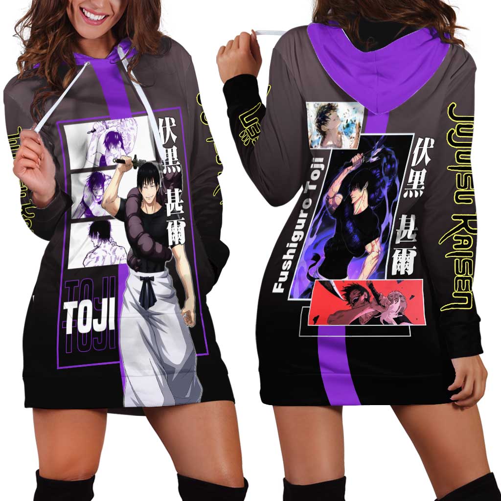 Fushiguro Toji from Jujutsu Kaisen Hoodie Dress with Purple and Black Background and Multiple Poses Design - The Mazicc