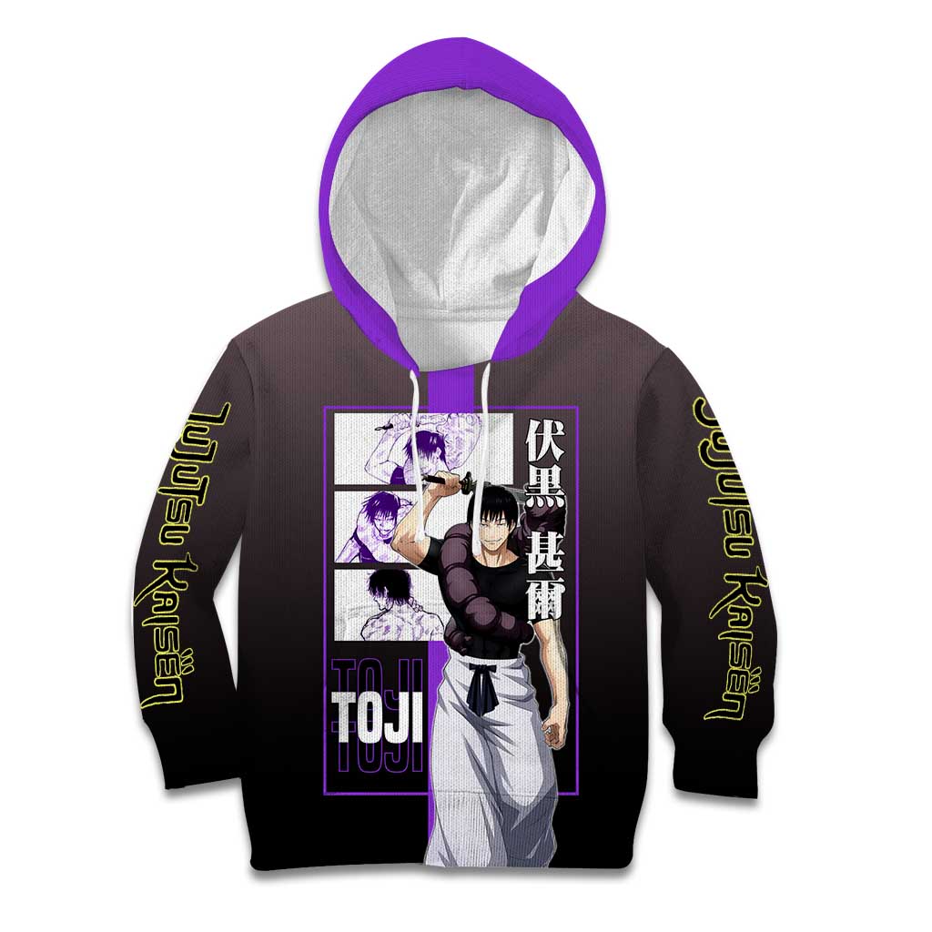 Fushiguro Toji from Jujutsu Kaisen Kid Hoodie with Purple and Black Background and Multiple Poses Design - The Mazicc