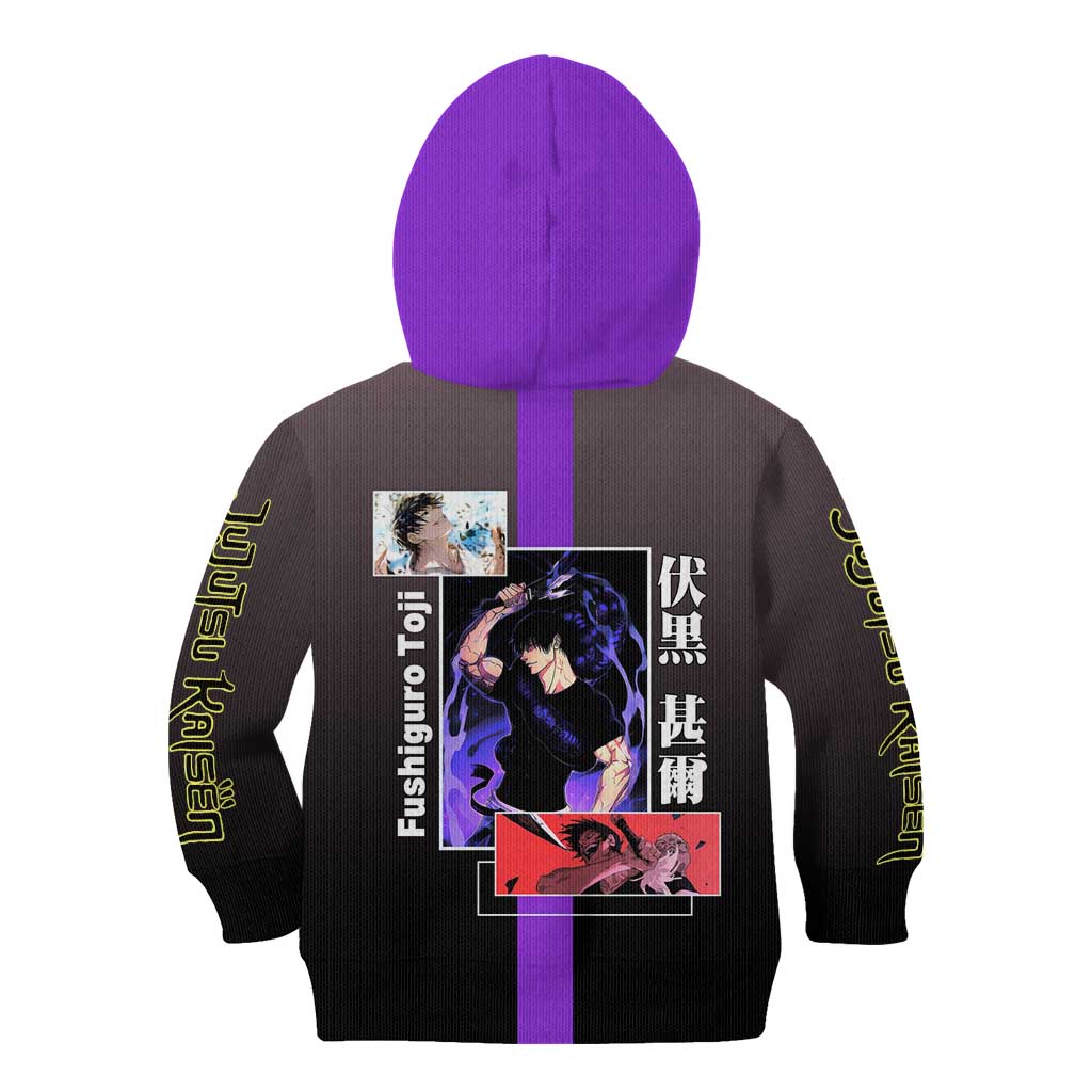 Fushiguro Toji from Jujutsu Kaisen Kid Hoodie with Purple and Black Background and Multiple Poses Design - The Mazicc
