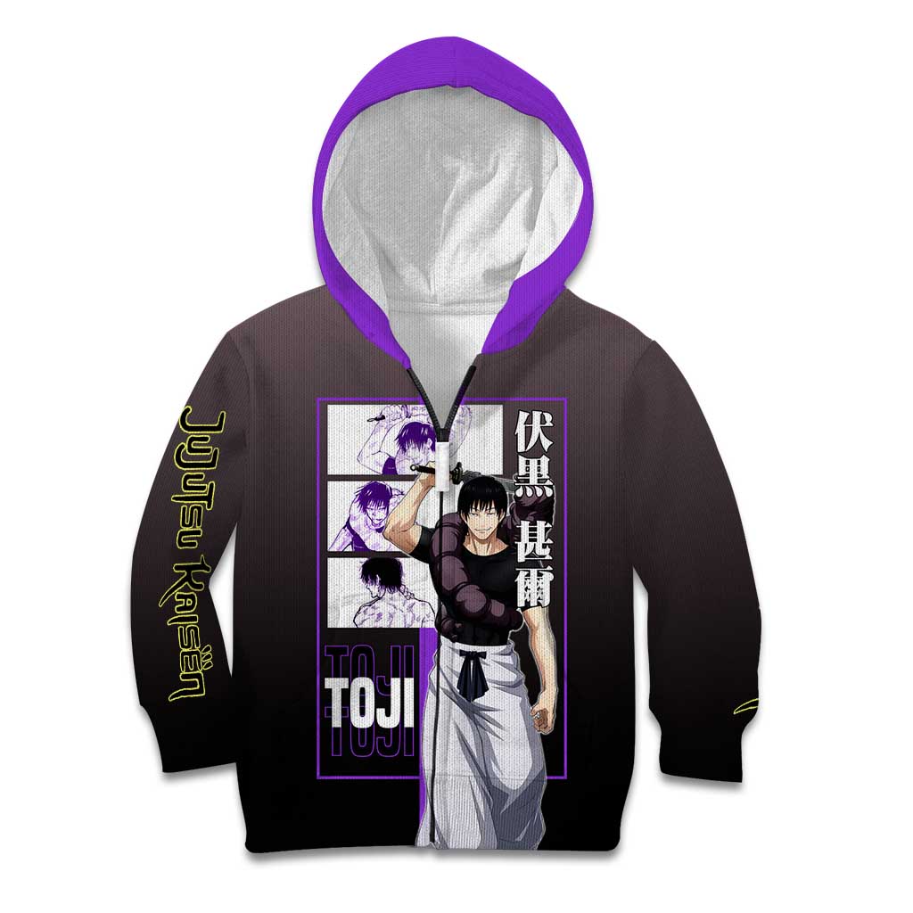 Fushiguro Toji from Jujutsu Kaisen Kid Hoodie with Purple and Black Background and Multiple Poses Design - The Mazicc