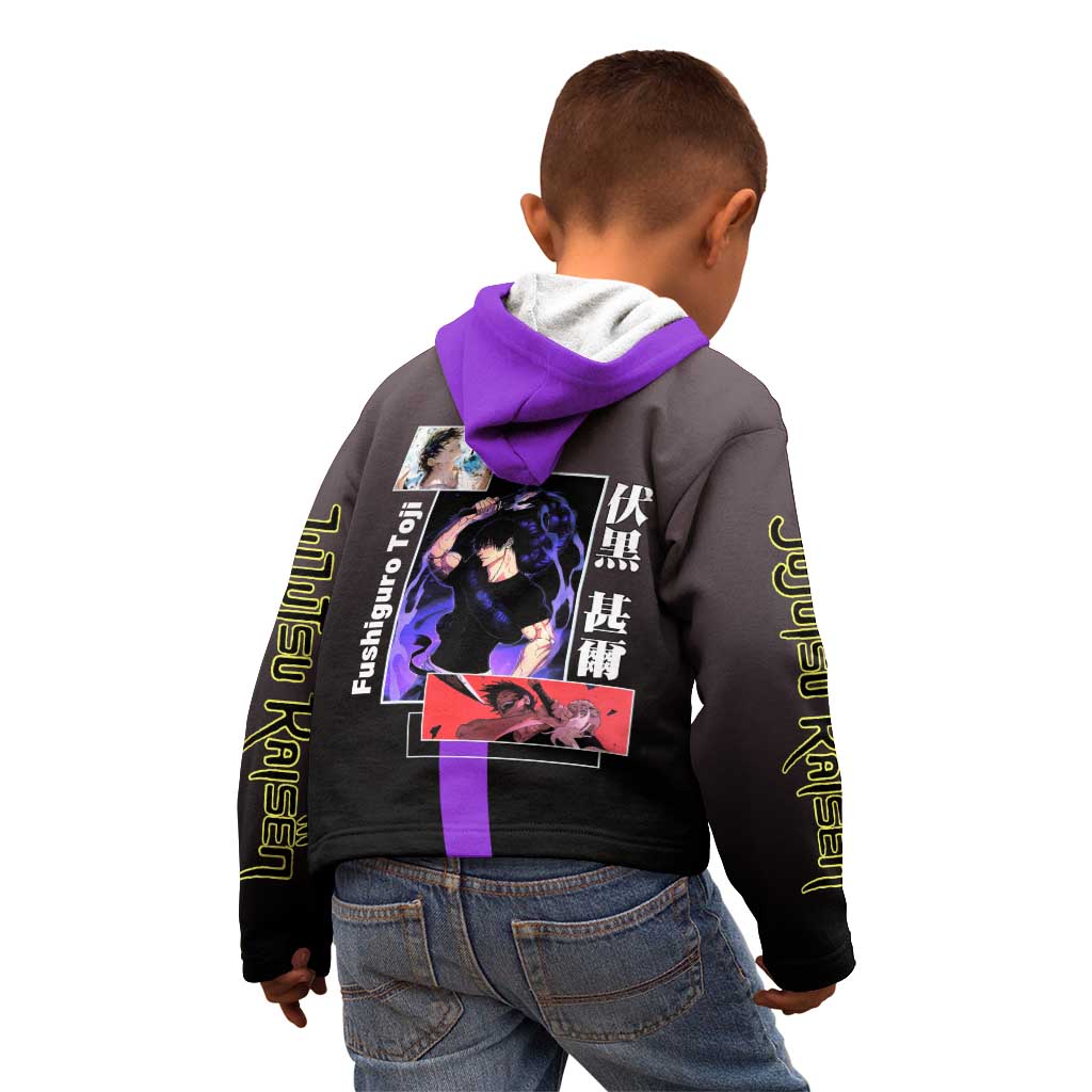 Fushiguro Toji from Jujutsu Kaisen Kid Hoodie with Purple and Black Background and Multiple Poses Design - The Mazicc